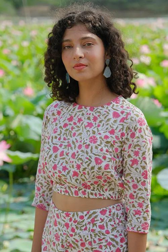 Okhai Azalea Hand Embroidered Handblock Printed Pure Cotton Crop Top-XS