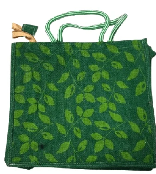 Green Jute Tote Bag with Leaf Print For MultiPurpose Use