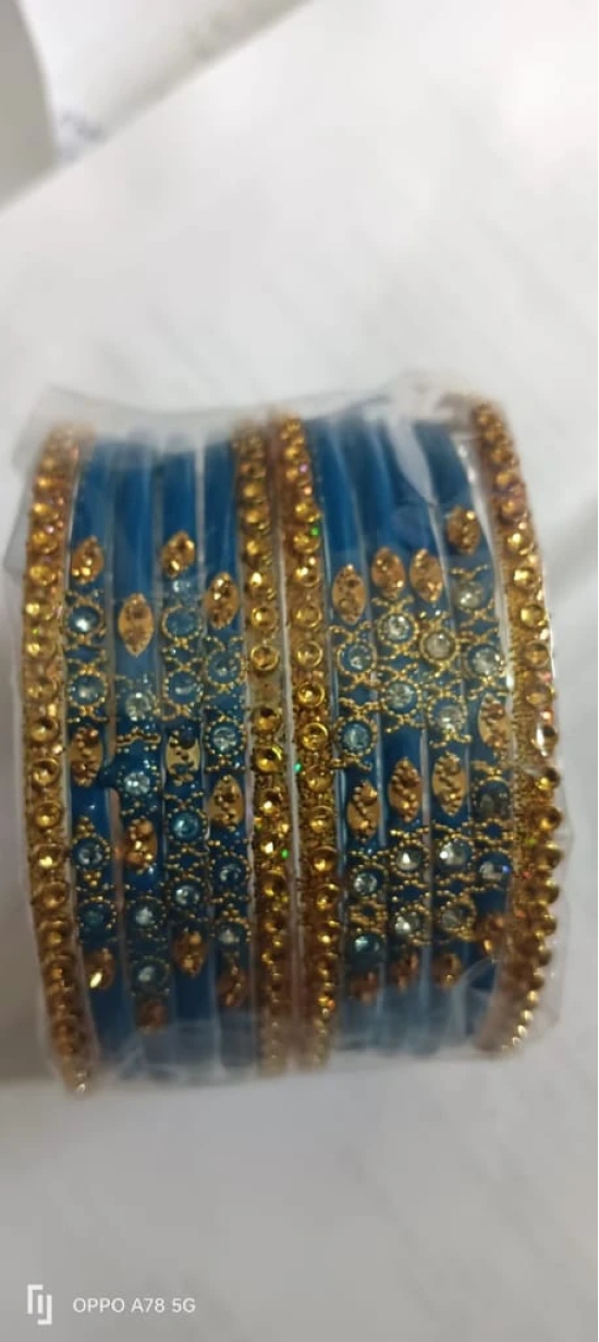 Set of 8 Glass Bangles with Rhinestone Accents - Blue