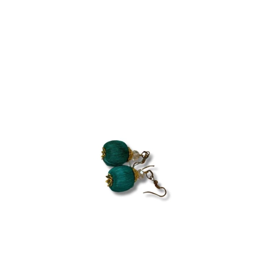 Green Silk Thread Ball Earrings with Golden Beads