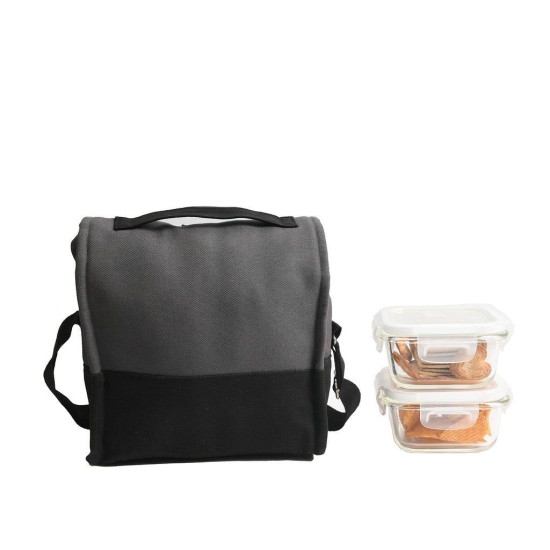 Femora Borosilicate Glass Square Container Grey Black Canvas Lunch Box- 300ml, Set of 2