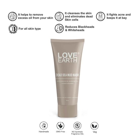 Love Earth Dead Sea Mud Mask with Argan Oil and Rosehip Oil For Acne, Deep Skin Cleaning & Open Pore Minimising 50g