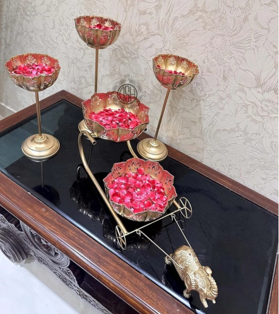 Urli Bowl Elephant Baggi Cart for Floating Flowers and Tea Light Candles Decoration and Puja Decoration.(26-ELEPHNTcart-KAMAL-3stand)