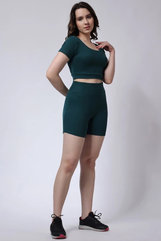 Womens Green Shorts and Half Sleeves Crop Top Gym Co-Ord Set-L / Green