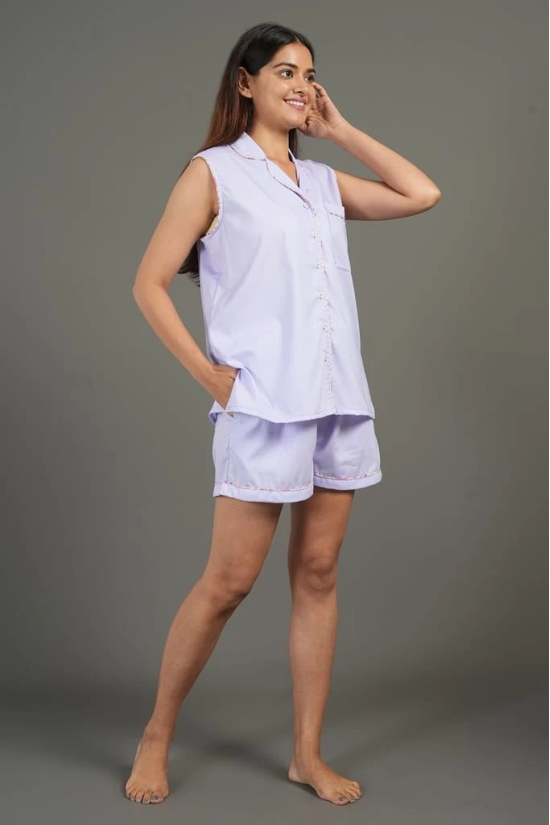 BREATHABLES Women Cotton Nightsuit Shirt and Shorts Co-ord Set Sleeveless Notched Collar Comfort Loose Fit Lavender(Night Wear | Co-ord set | Lounge Wear Set)