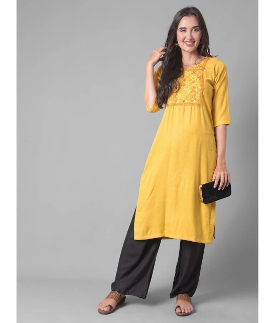 Dollar Missy Cotton Blend Embroidered Straight Womens Kurti - Yellow ( Pack of 1 ) - None