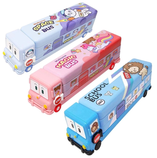 School Bus Metal Pencil Box Geometry Box With Sharpener Cartoon Printed Dual Compartment Space Bus,