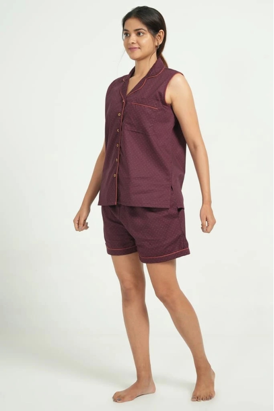 BREATHABLES Women Cotton Nightsuit Shirt and Shorts Co-ord Set Sleeveless Notched Collar Comfort Loose Fit Maroon(Night Wear | Co-ord set | Lounge Wear Set)