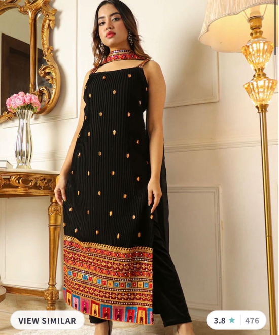 Embellished Thread Work Kurta with Trousers & Dupatta-XXL