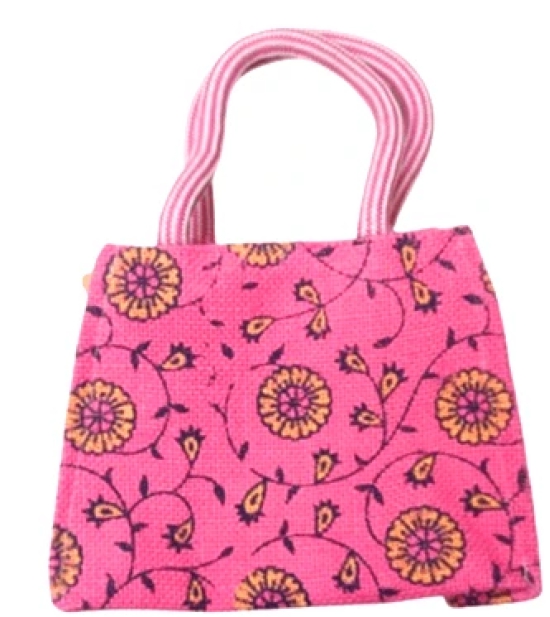 Hand Crafted Jute  Pink Floral Jute Tote Bag / Hand Bag