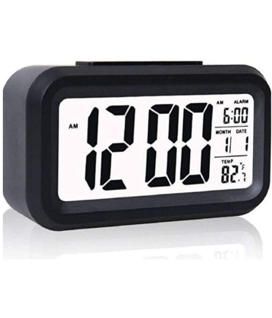 Plastic Digital Smart Backlight Battery Operated Alarm Table Clock with Automatic Sensor, Date and Temperature (Black)