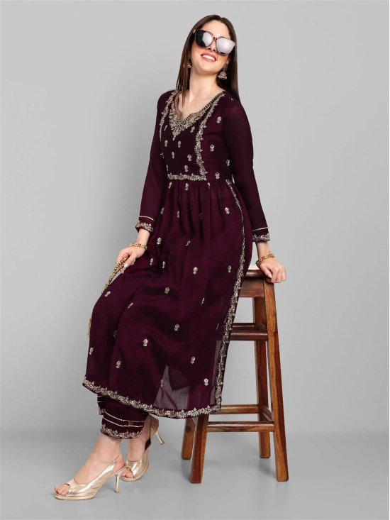 Women Embroidered Vichitra Silk kurta Pant set in Wine Color-XL