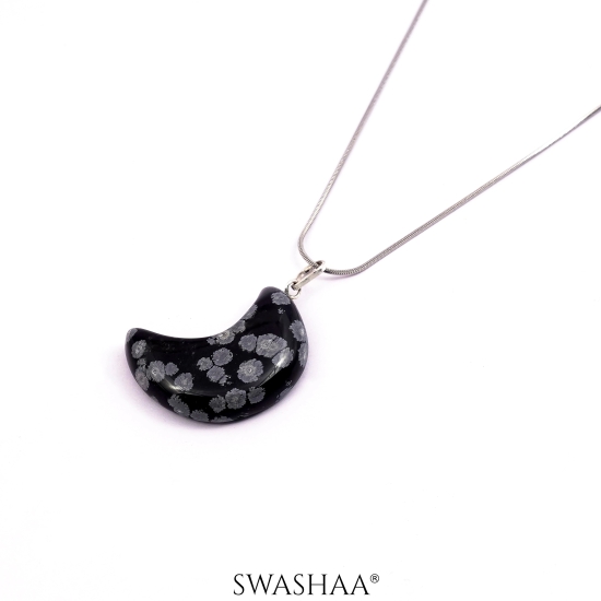 Snowflake Obsidian Crescent Mens Chain Pendant | Natural Stone-Silver