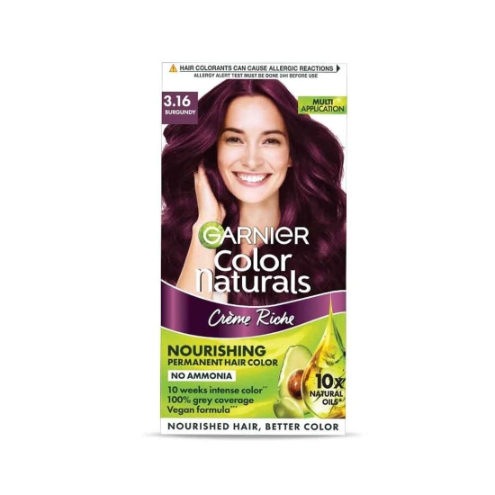 Garnier, Hair Colouring Creme, Long-Lasting Colour, Smoothness & Shine, Color Naturals, Shade: 3.16 Burgundy, 70Ml + 60G