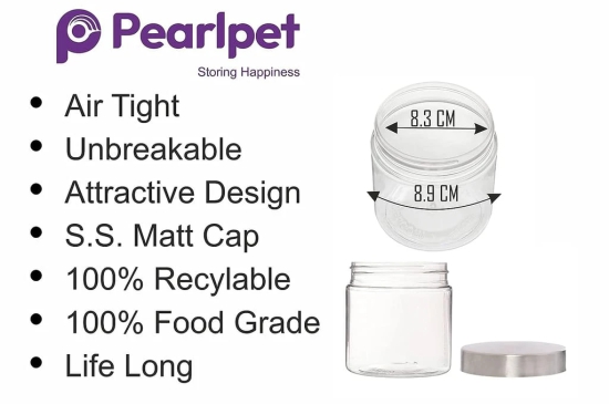 PEARLPET Transparent Plus Jar Container for Kitchen Storage Set with Stainless Steel Matt Finish Cap, 750 ML Set of 6 Pieces