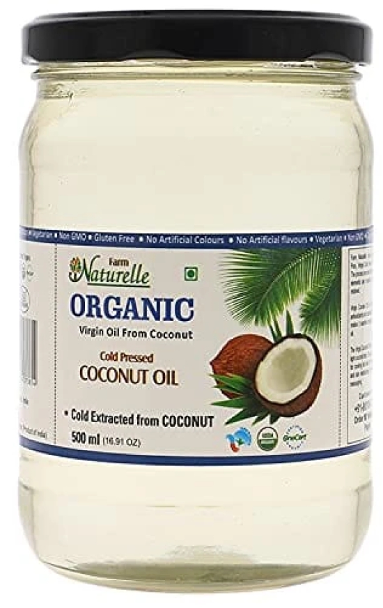 Farm Naturelle 100 % Pure Organic Virgin Cold Pressed Coconut Cooking Oil -500 ml x2 (Glass Bottles )