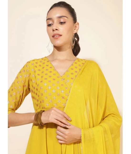 Janasya Georgette Printed Flared Womens Kurti with Dupatta - Yellow ( Pack of 1 ) - None