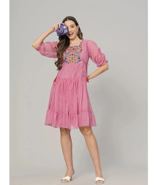 JC4U Crepe Embroidered Knee Length Womens Fit & Flare Dress - Pink ( Pack of 1 ) - None