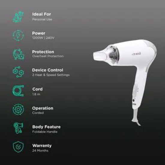 Croma Hair Dryer with 2 Heat Settings (Dual Voltage Knob, White)