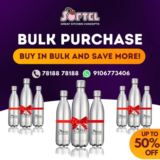 Softel Stainless Steel 1000 ML Vacuum Bottle | Hot & Cold | Silver | 1 Pc