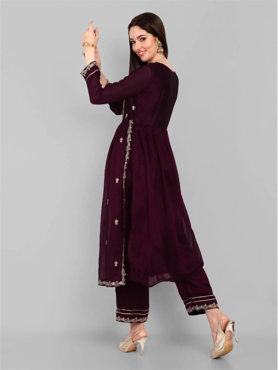 Women Embroidered Vichitra Silk kurta Pant set in Wine Color-XL