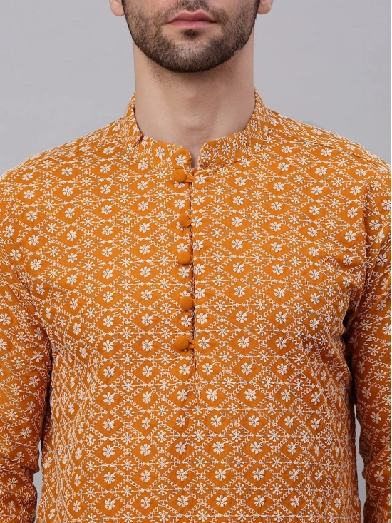 Men's Mustard & White Embroidered Straight Kurtas-S / Mustard