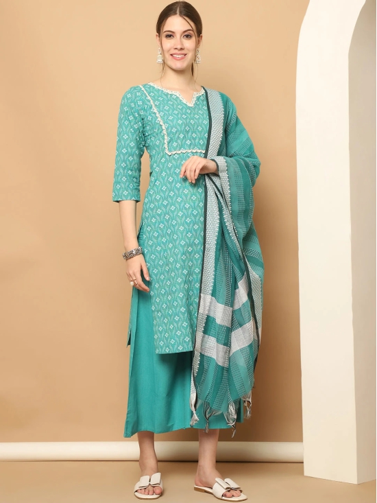 Printed green kurta with lace work, pallazos dupatta set-M / Green