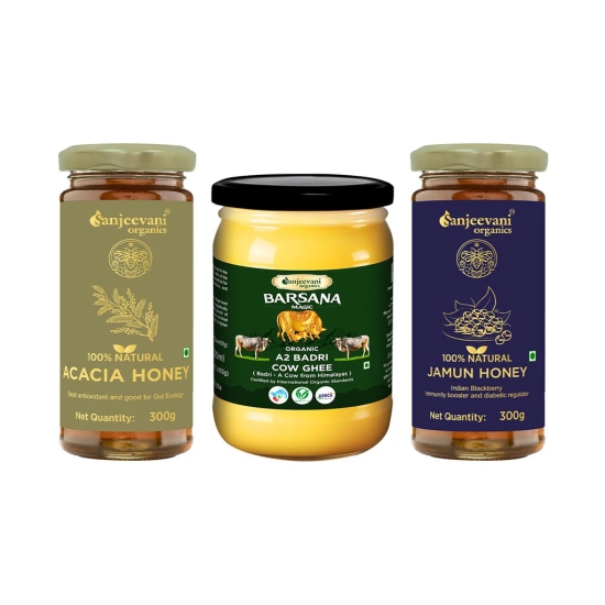 Sanjeevani Organic Combo  Pack of 3  A2 Badri cow ghee 500ml Himalayan A2 Badri Cow Ghee is a testament to quality and care. Natural Acacia honey 300g and  Natural Jamun Honey 100% Natural Multi floral Honey.