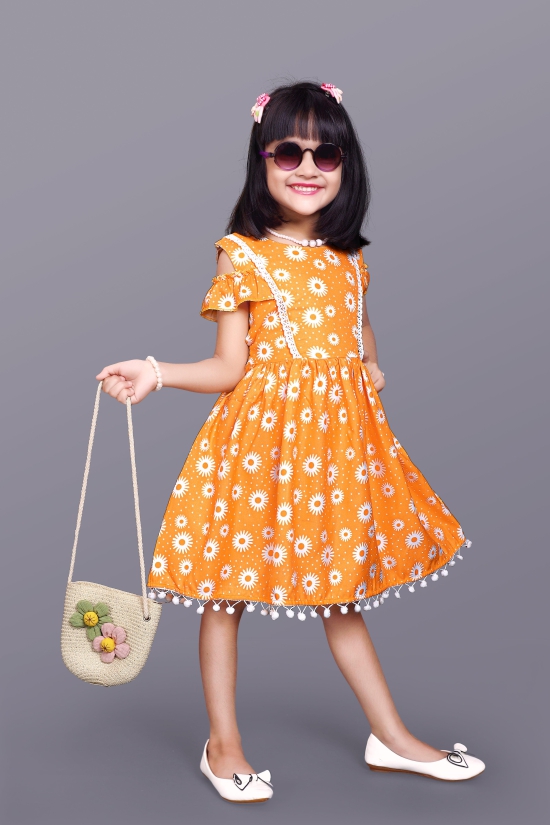 Kids Girls Knee Length Yellow Flower Design Festive/Wedding Fit & Flare  Dress-12 - 13 Year