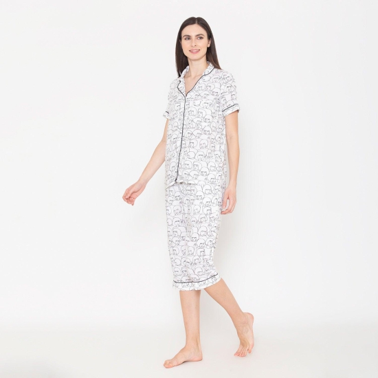 Women's Printed Night Suit Set of Shirt & Capri - White White M