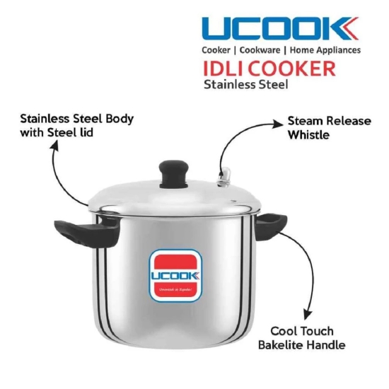 UCOOK by United Ekta Engg. Stainless Steel Outer Lid Idli Maker Cooker, 6 Plates/ 24 Idlis