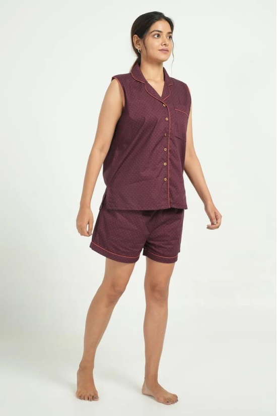 BREATHABLES Women Cotton Nightsuit Shirt and Shorts Co-ord Set Sleeveless Notched Collar Comfort Loose Fit Maroon(Night Wear | Co-ord set | Lounge Wear Set)