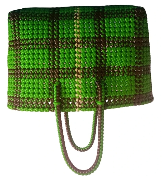 Green and Brown Handwoven Tote Bag with Magnetic Snap Closure