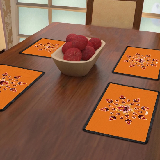 Indigifts Deepavali Decoration Rangoli with Illuminated Lamps Orange Table Mat Set of 4 - Diwali Gift Items, Diwali Decoration Items, Deepavali Festival, Dipawli Gifts, Deepawali Greetings