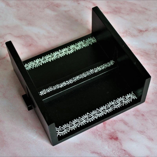 Aipan Inspired Hand Painted Wooden Paper Tissue Holder-Black