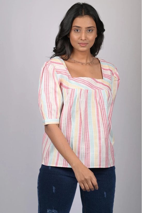 Magic cotton for women western wear Light Pink Striped Top With Square Neck (OTL-TPS1069)-Pink / S