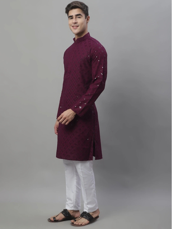 Mens Purple Chikankari Embroidered and Sequence Kurta with Pyjama.-XL / Purple