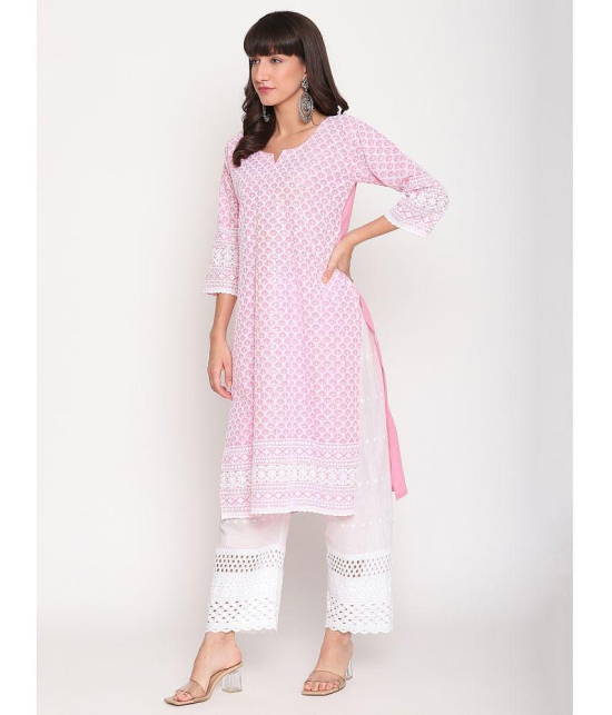 Queenley - Pink Cotton Women's Straight Kurti ( Pack of 1 ) - L