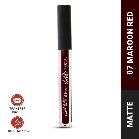 Iba Festa Transfer-Proof Matte Liquid Lipstick Shade - 07 Maroon Red, 5ml | Non-Sticky and Non-Drying | Highly Pigmented, Long Lasting | Halal Certified & Vegan Makeup