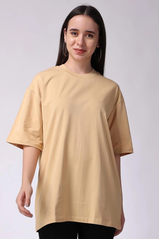 Womens Beige Plain Oversized Drop Shoulder T-Shirt-M / Beige