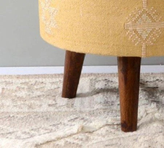 Mango Wood Foot Stool In Cotton Yellow Colour-Yellow