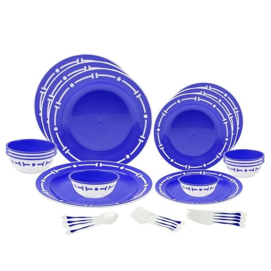 28 Pieces Plastic Dinner Set with Cutlery for Families | Parties | Unbreakable | BPA Free | Microwave & Freezer Safe | Dishwasher Safe, Blue