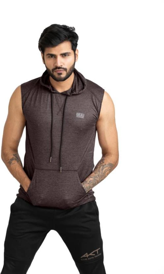 Men Solid Hooded Neck Polyester Brown T-Shirt