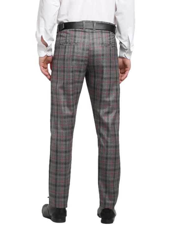 Indian Needle Men's Grey Cotton Checked Formal Trousers-32 / Grey