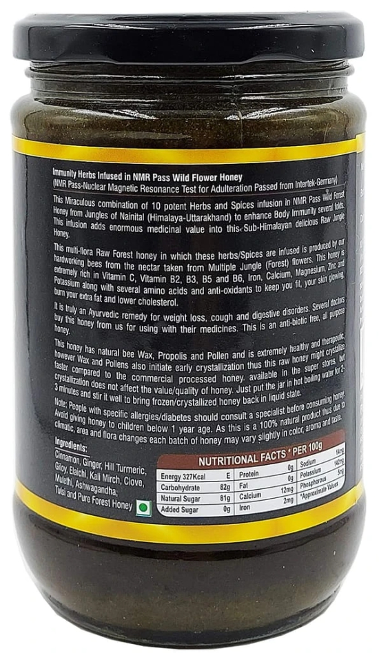 Farm Naturelle - Raw, 100% Natural (NMR Tested, Passed, Certified), Immunity Herbs Infused Forest Flower Honey (850Gram) Glass Bottle.