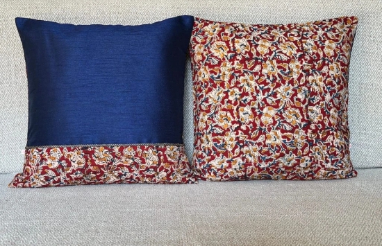 Kalamkari Maroon Print Mix N Match Royal Blue Dupion Silk Cushion Cover Size 16x16