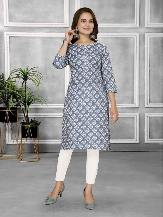 Rangita Women Cotton Blue Printed Knee Length Straight Kurti - None