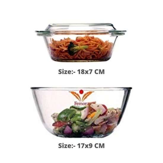 Femora Borosilicate Glass Microwave Safe Mixing Bowl 1050 ML, Serving Casserole 700 ML Set of 2 (Transparent)