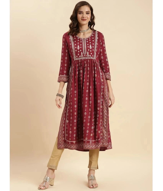 Rangita Women Rayon Maroon Yoke Embroidered Calf Length Nayra Style Kurti - None