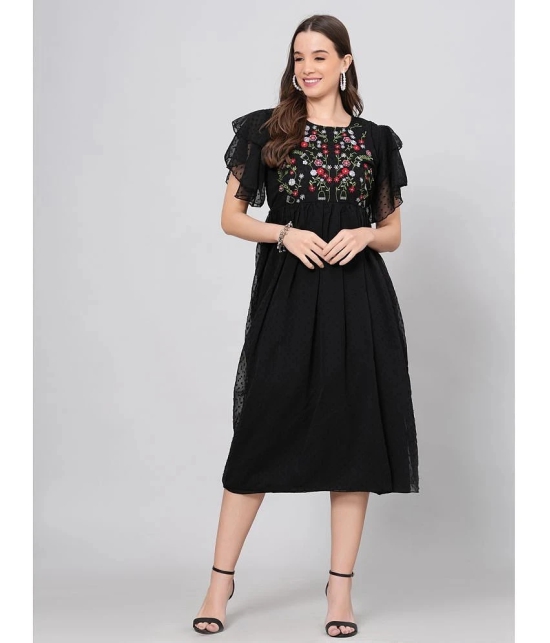 HIGHLIGHT FASHION EXPORT Crepe Embroidered Midi Womens Fit & Flare Dress - Black ( Pack of 1 ) - None